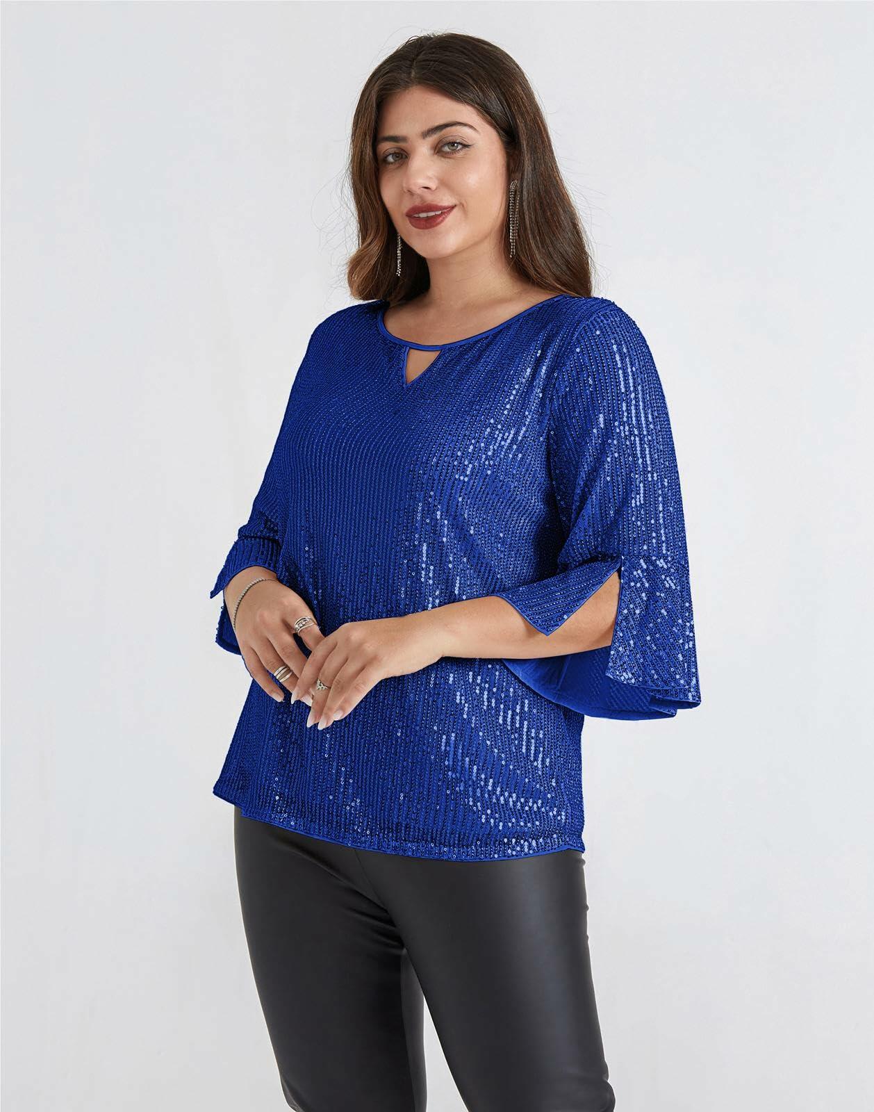 Hanna Nikole Sequin Ruffle Long Sleeve Wrap Blouse Blue Size 18Plus