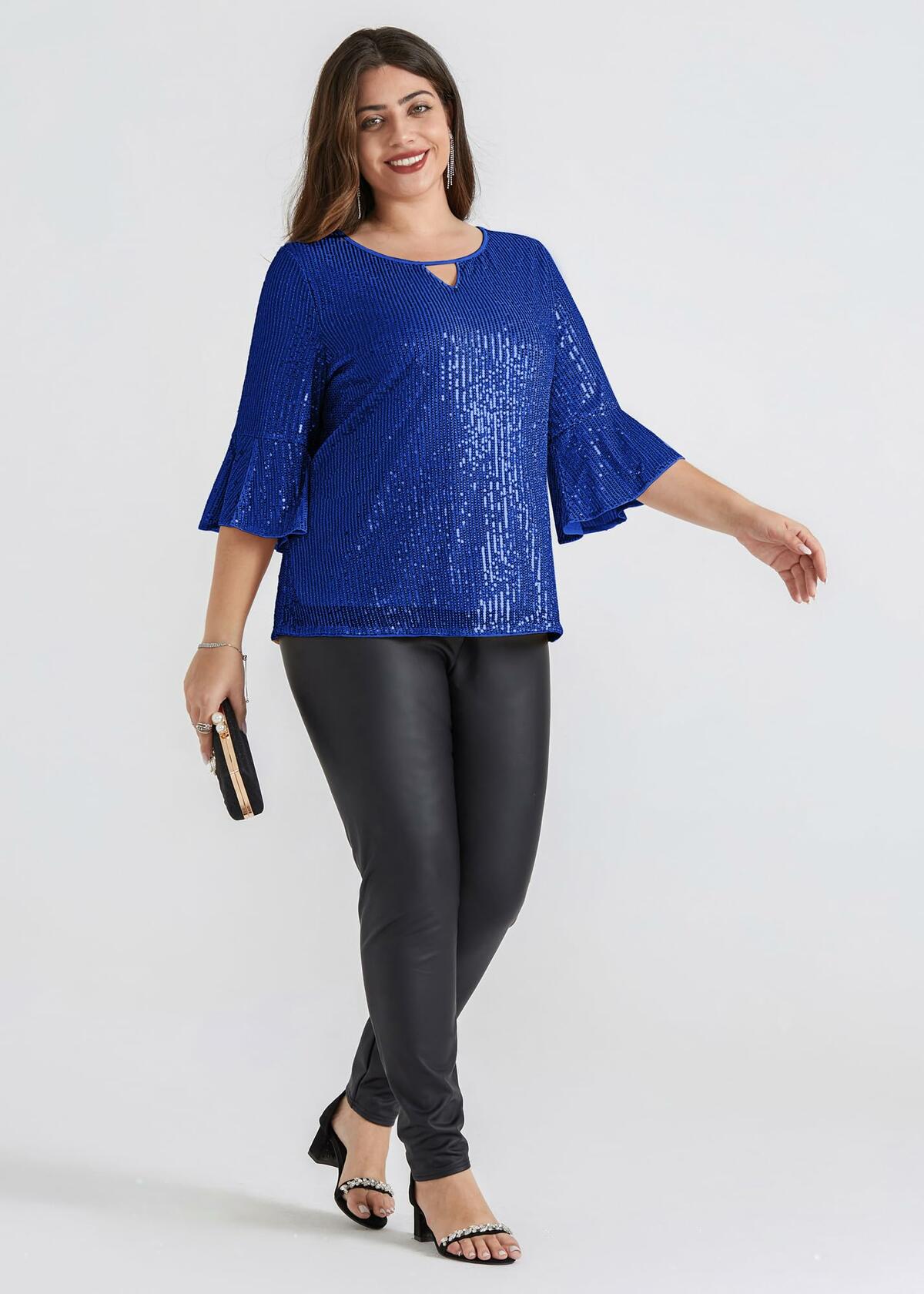 Hanna Nikole Sequin Ruffle Long Sleeve Wrap Blouse Blue Size 18Plus