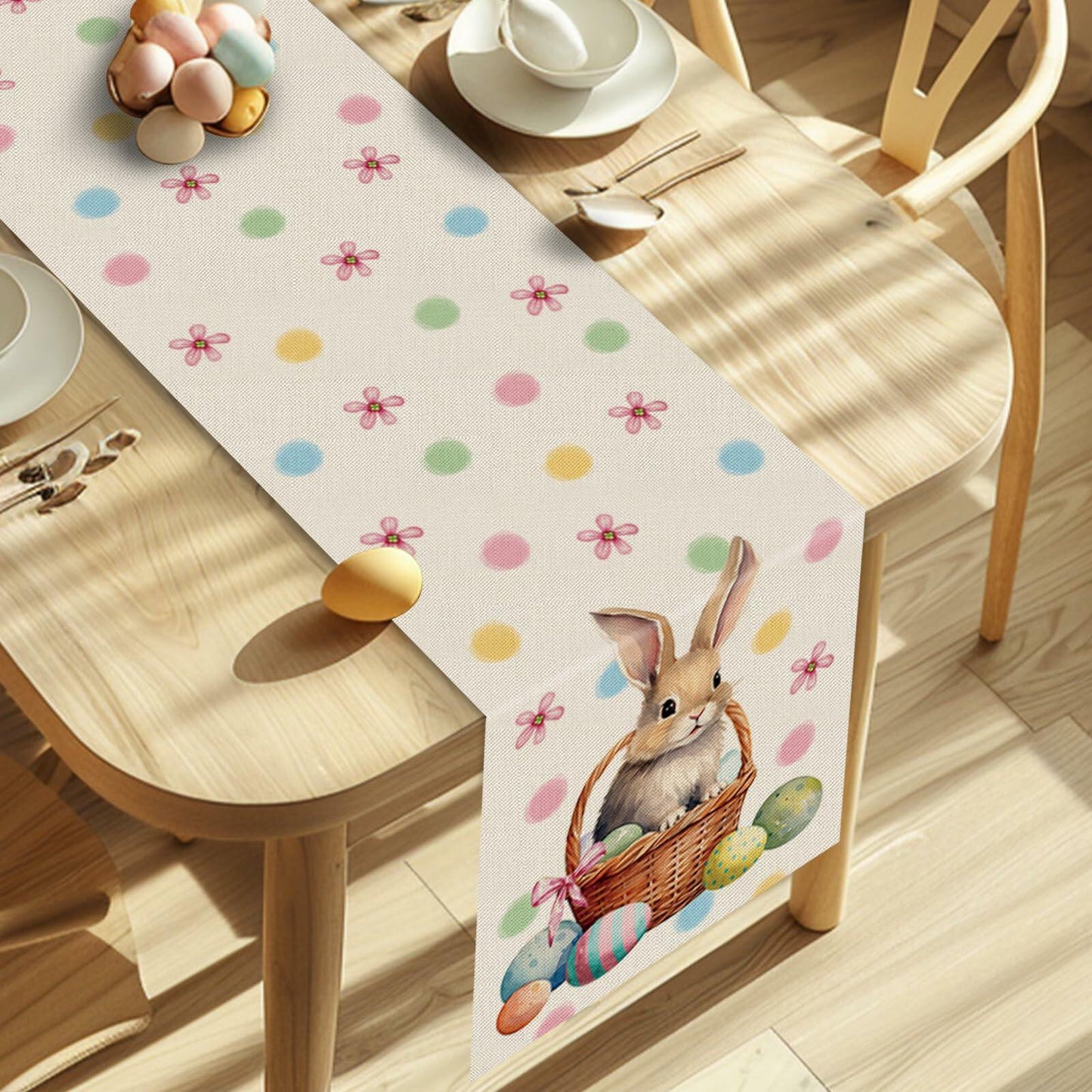 QIONG MENG Easter Table Runner Bunny Eggs Basket Flowers 13x72 Inch