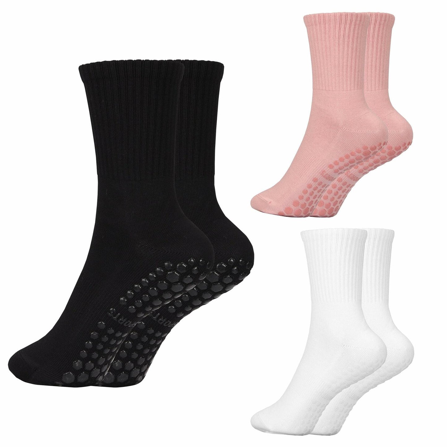 Pilates Socks with Grips Women Non Slip Cotton Yoga Ballet Crew 3 Pairs US 5-9