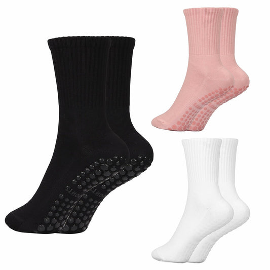 Pilates Socks with Grips Women Non Slip Cotton Yoga Ballet Crew 3 Pairs US 5-9