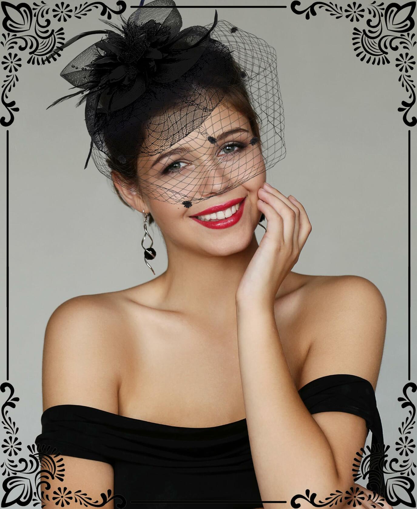 Kidukso Fascinators Hat Vintage 1920s Derby Mesh Veil Feathers Black