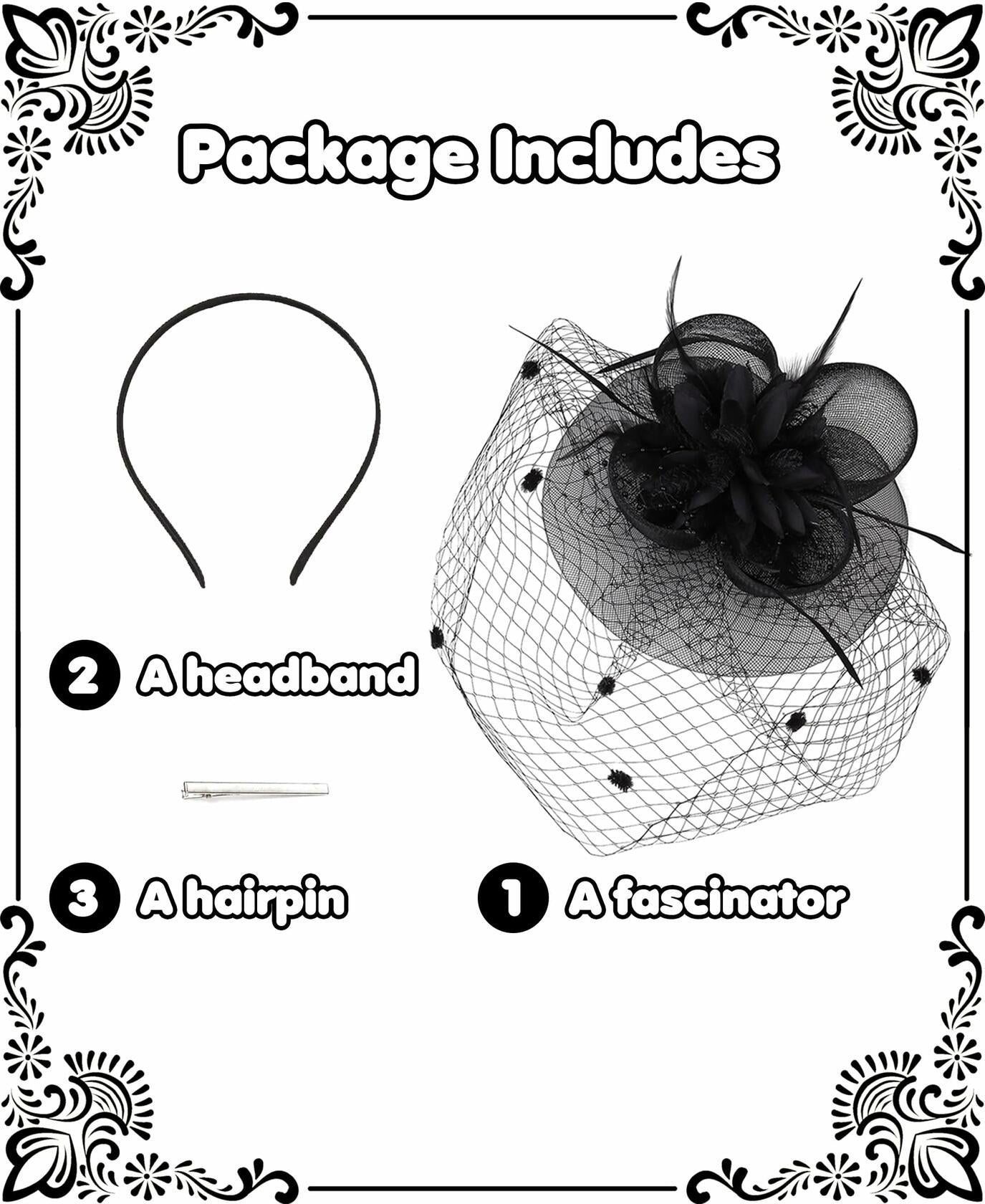 Kidukso Fascinators Hat Vintage 1920s Derby Mesh Veil Feathers Black