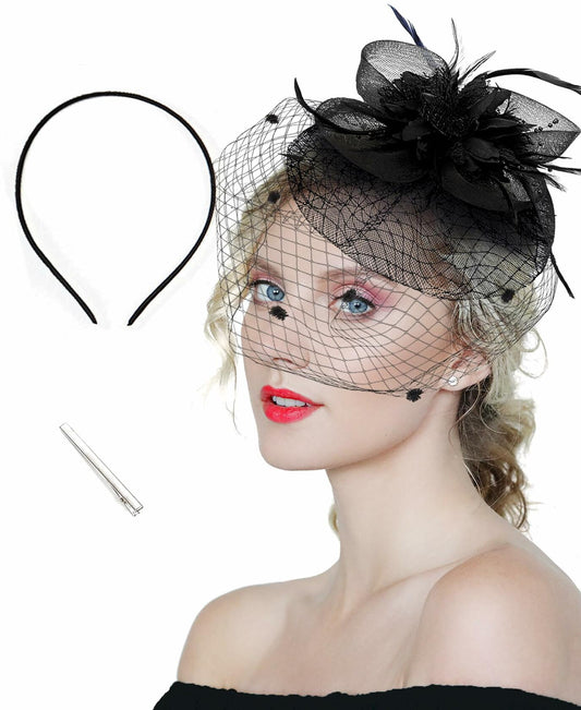 Kidukso Fascinators Hat Vintage 1920s Derby Mesh Veil Feathers Black