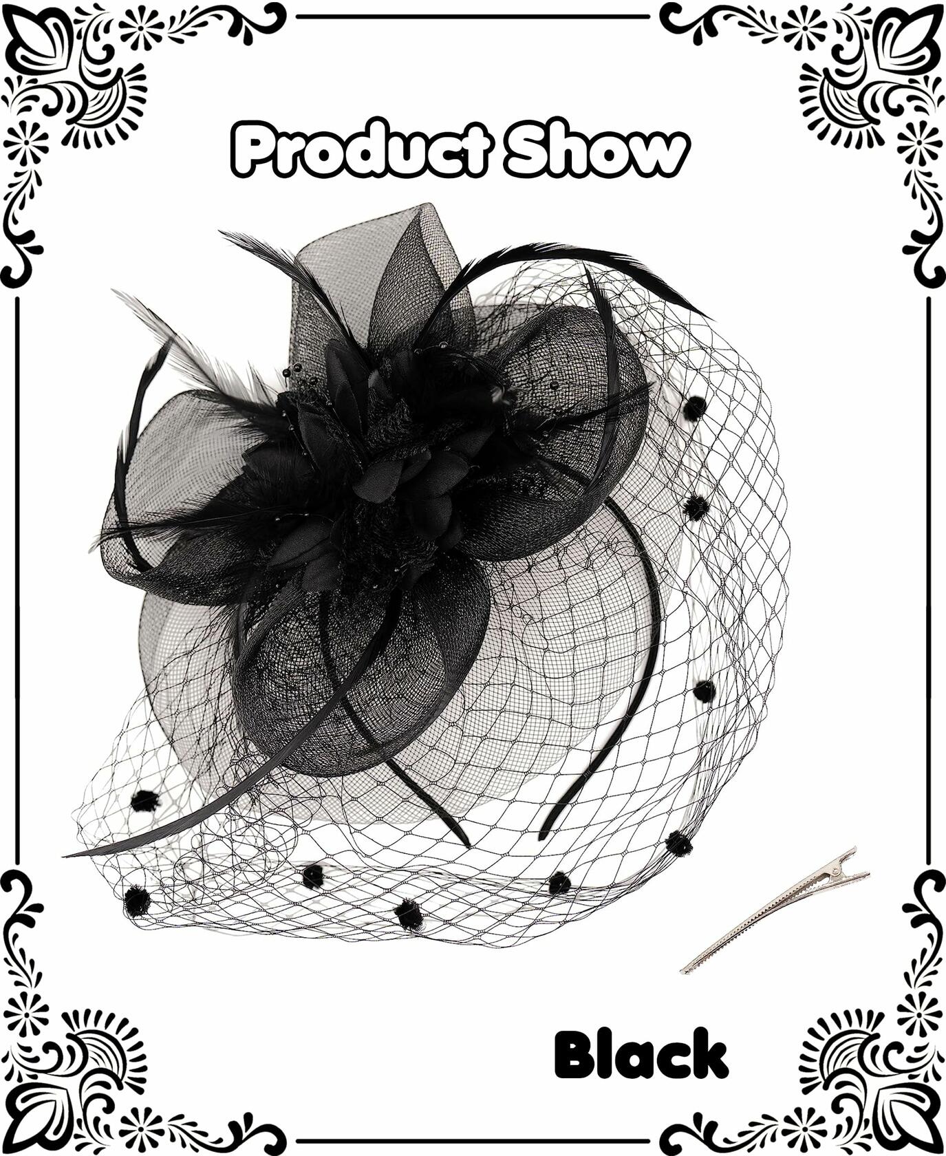 Kidukso Fascinators Hat Vintage 1920s Derby Mesh Veil Feathers Black