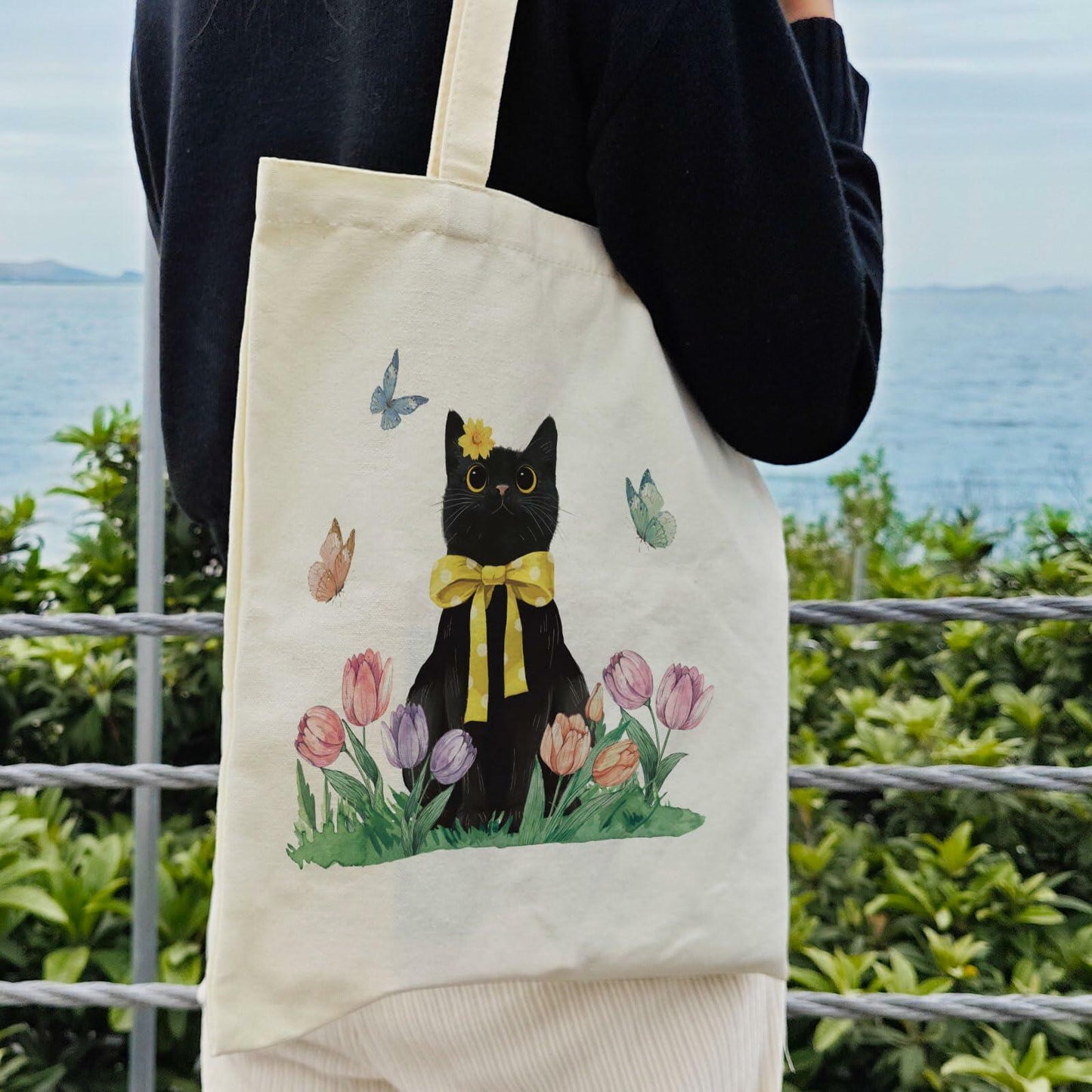 Dlzdn Spring Cat Tulip Floral Tote Bag Black Reusable Grocery Beach Bag