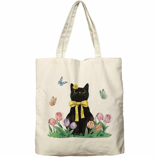 Dlzdn Spring Cat Tulip Floral Tote Bag Black Reusable Grocery Beach Bag