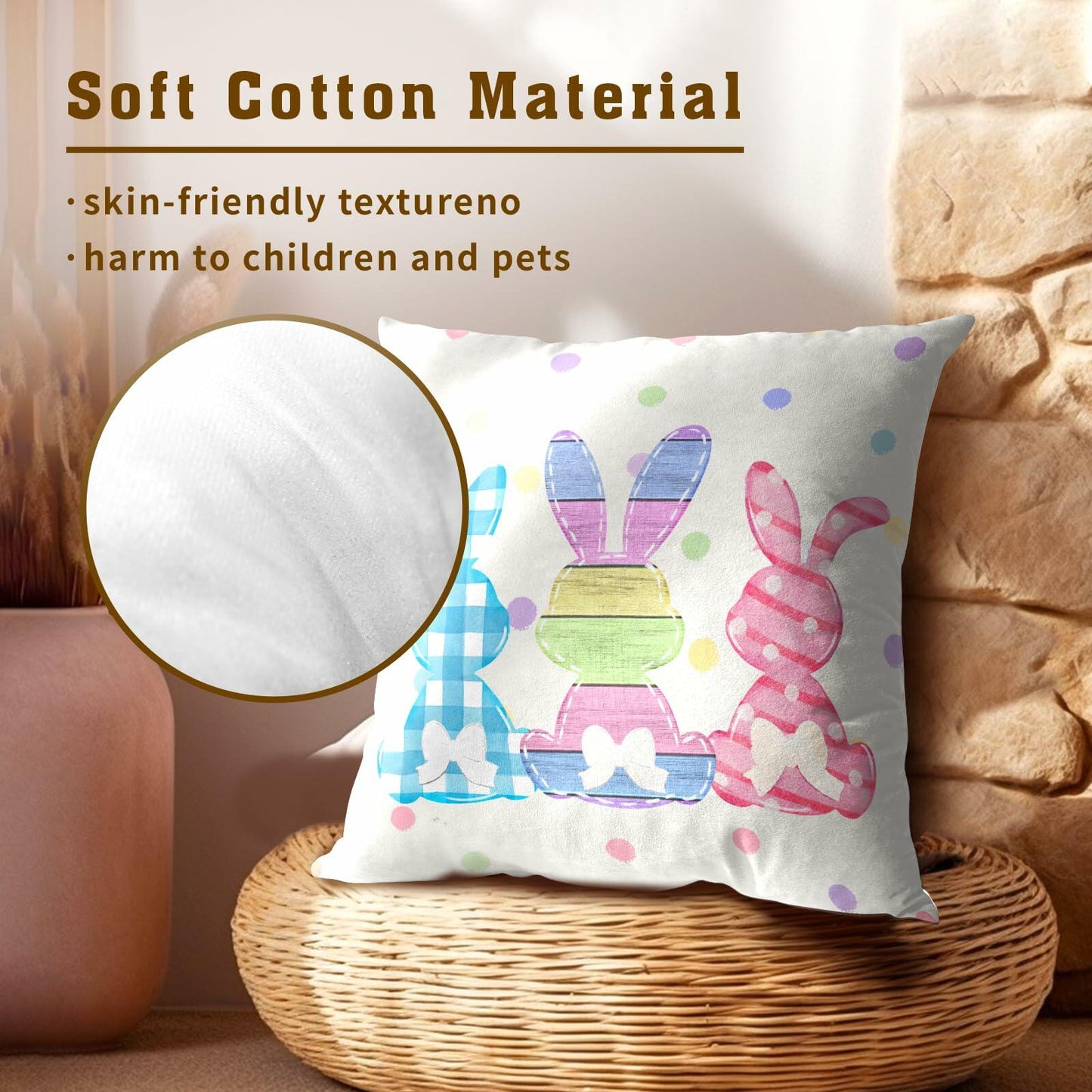 Easter Rabbit Cotton Throw Pillow Covers 18x18 Inch Set of 2 Buffalo Plaid