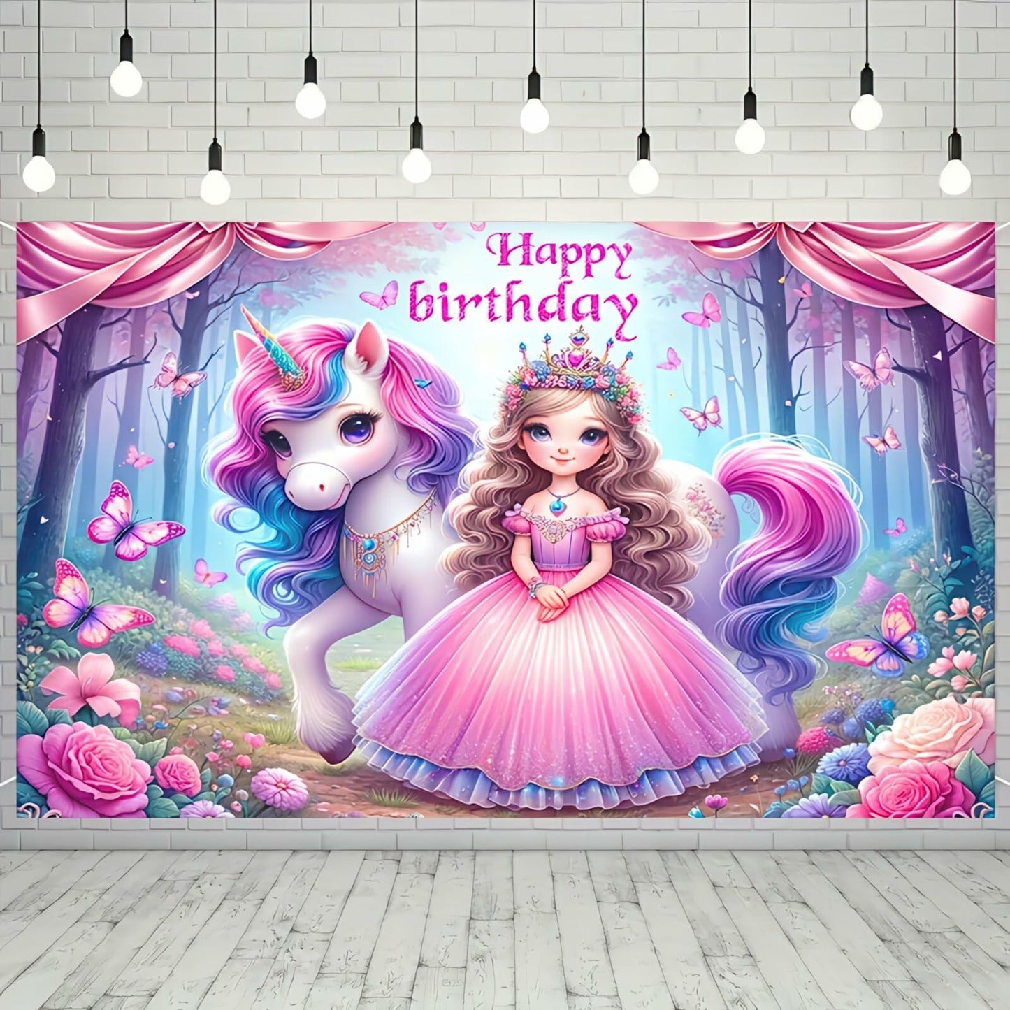 Blissyard Crowned Princess Unicorn Birthday Banner 71x43 Inch Polyester