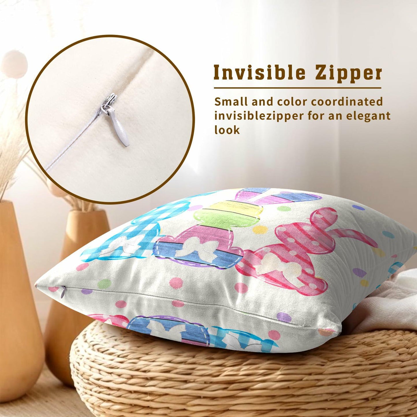 Easter Rabbit Cotton Throw Pillow Covers 18x18 Inch Set of 2 Buffalo Plaid