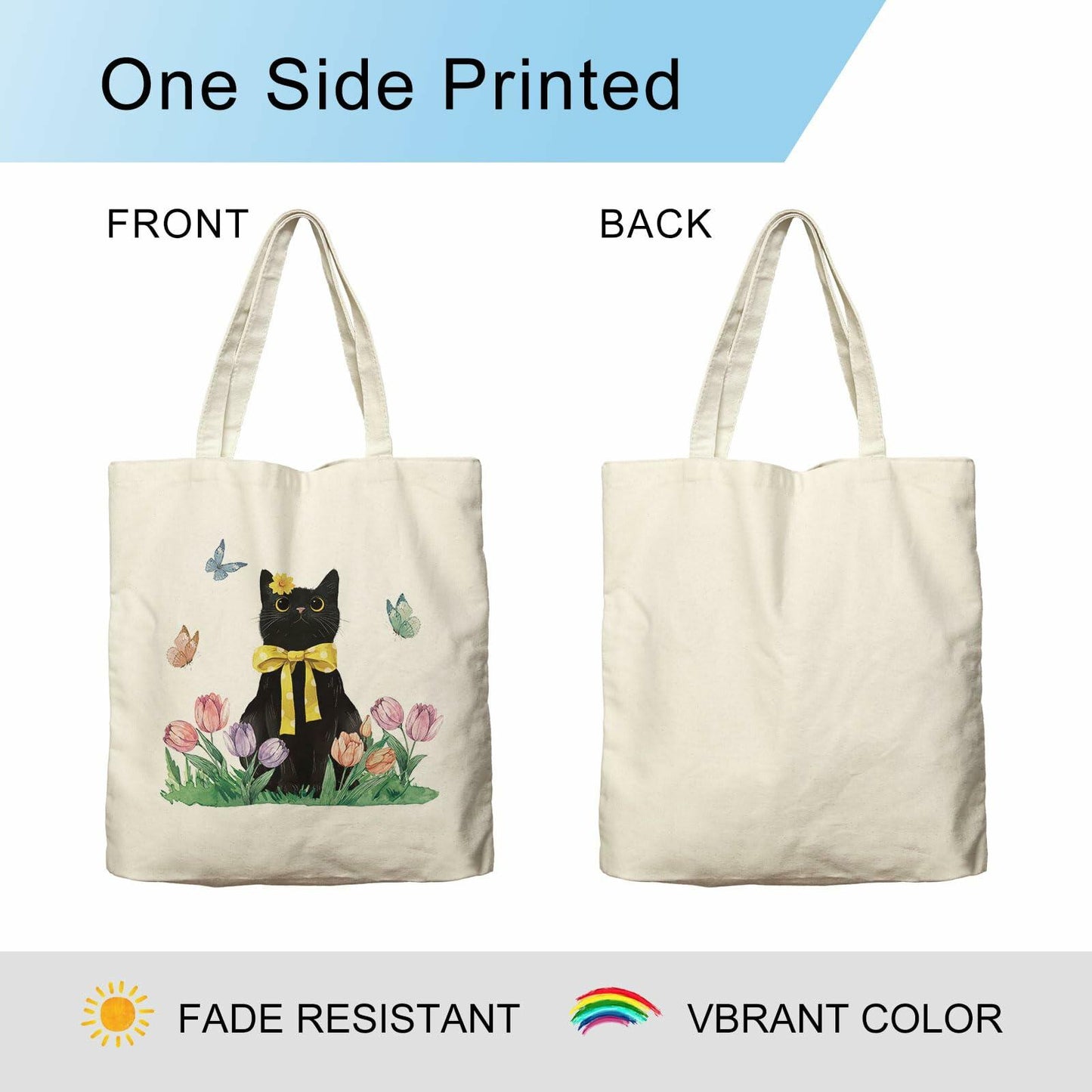 Dlzdn Spring Cat Tulip Floral Tote Bag Black Reusable Grocery Beach Bag