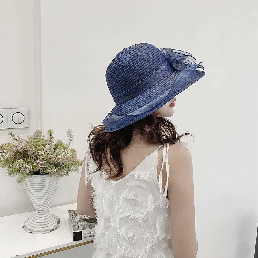 Women Organza Derby Sun Hat Kentucky Fascinator Flower Bridal Straw Navy