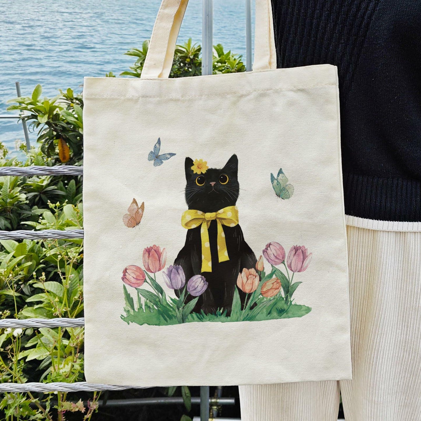 Dlzdn Spring Cat Tulip Floral Tote Bag Black Reusable Grocery Beach Bag