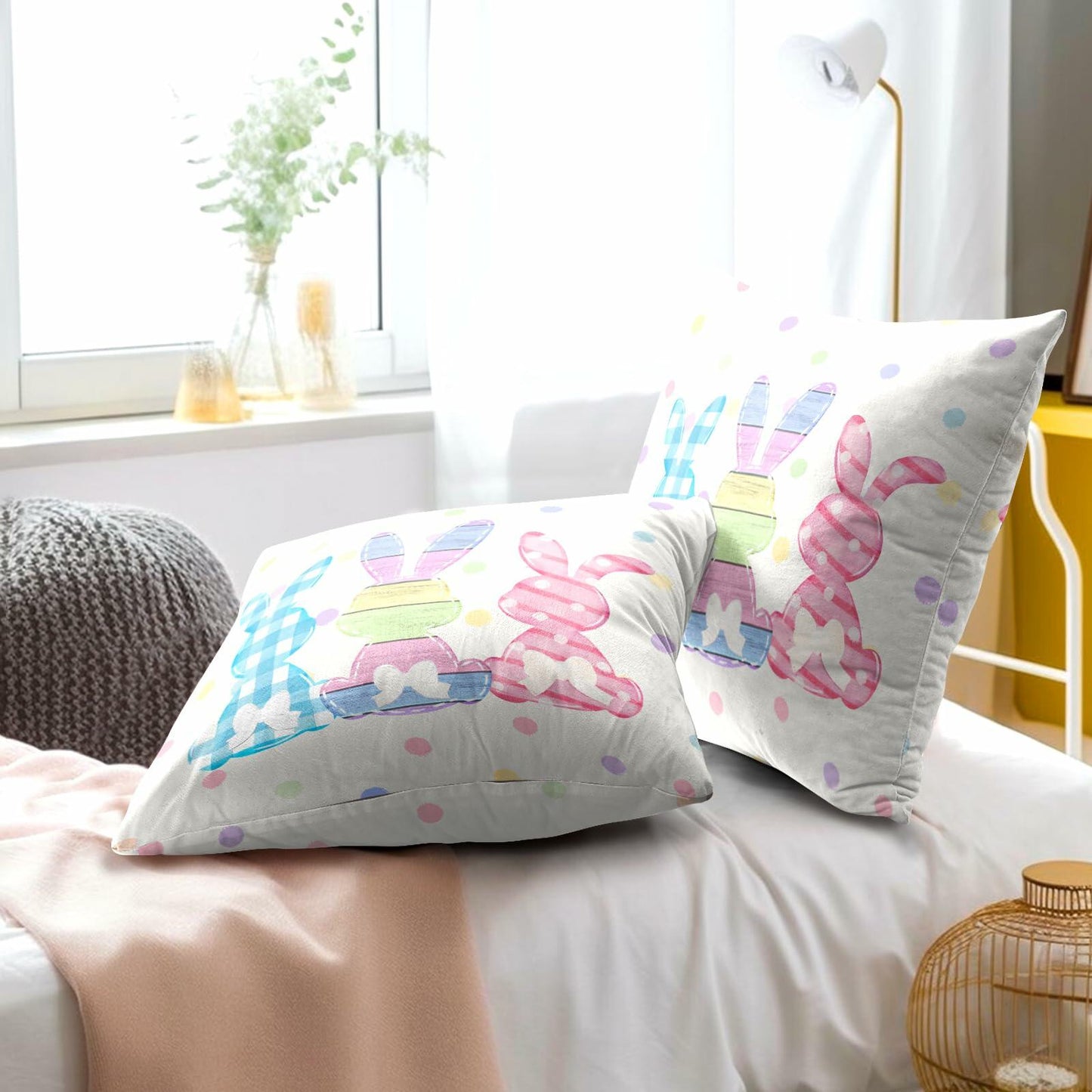 Easter Rabbit Cotton Throw Pillow Covers 18x18 Inch Set of 2 Buffalo Plaid