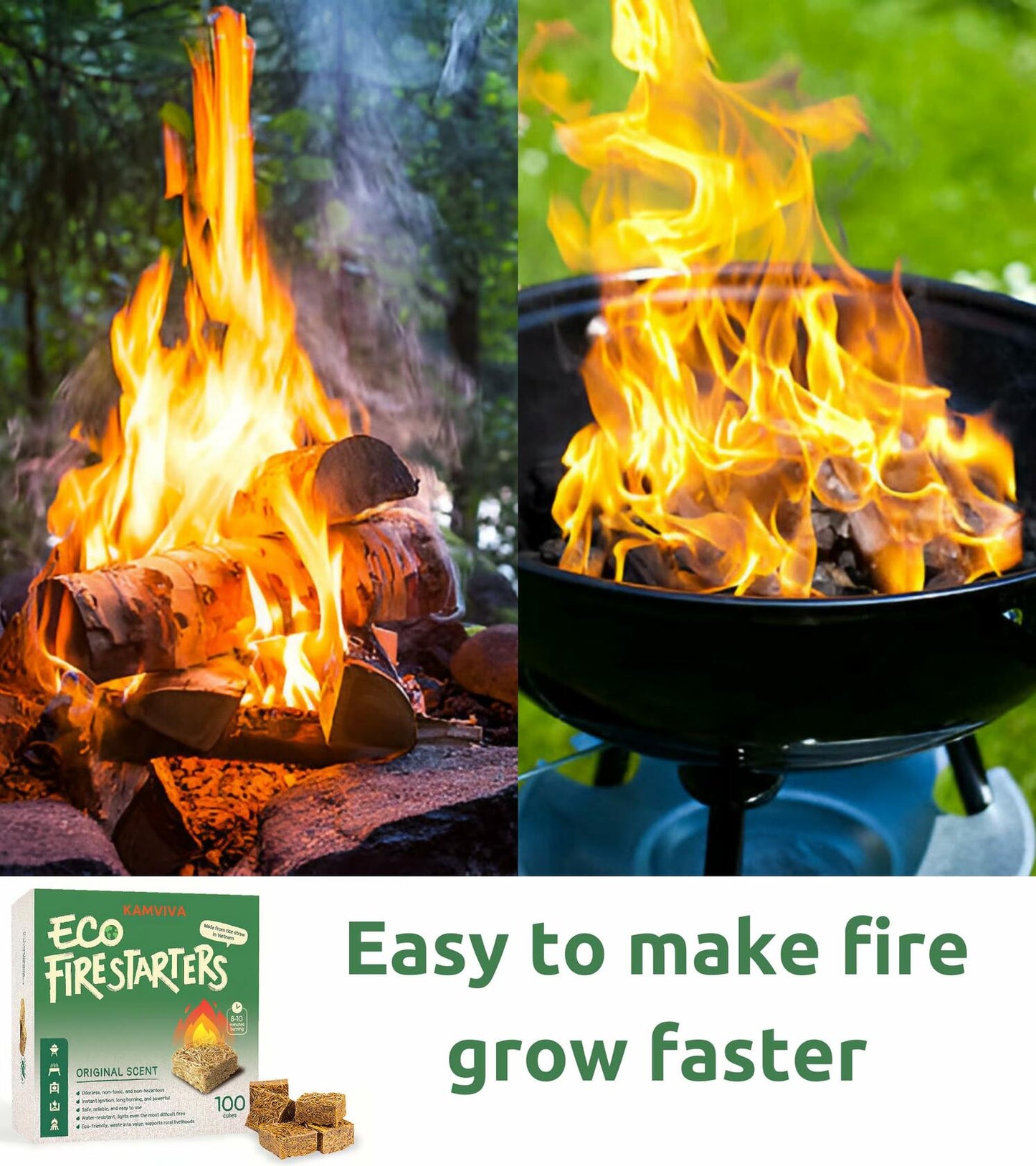 KAMVIVA Fire Starters Rice Straw Food Grade Wax 100 Squares Natural