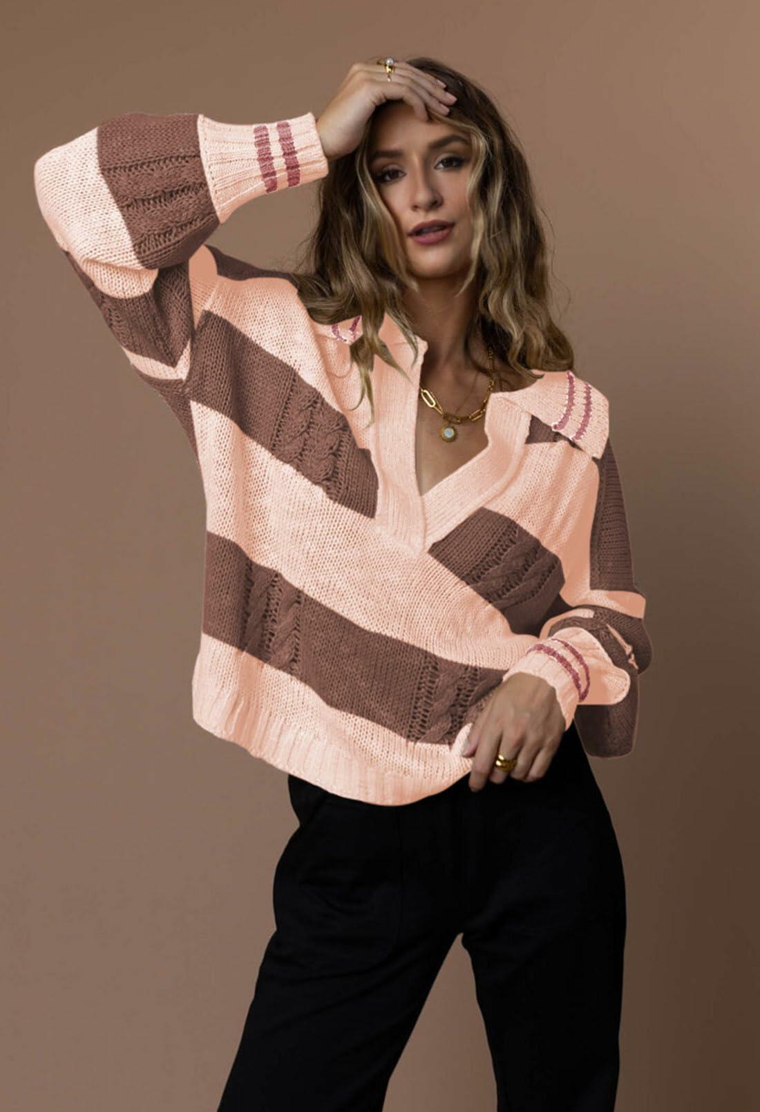 Women's Pullover Sweater Lapel Collar V Neck Cable Knit Wood Brown Size XL