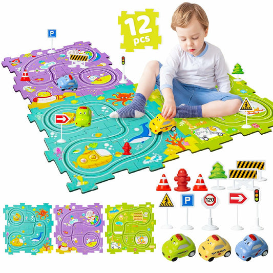 Marlo & Buzz Puzzle Racer Kids Car Track Play Set 12-Piece Multi-Theme