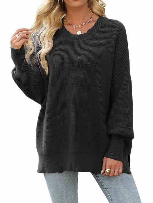 Women’s 2024 Fall Oversized Ripped Knit Sweater White Pullover Top Size M