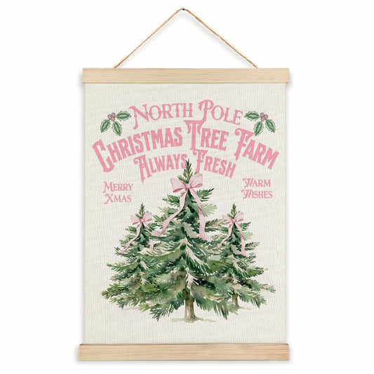 North Pole Village Christmas Wall Decor Pink Bows 12x16 Inch Farmhouse Art