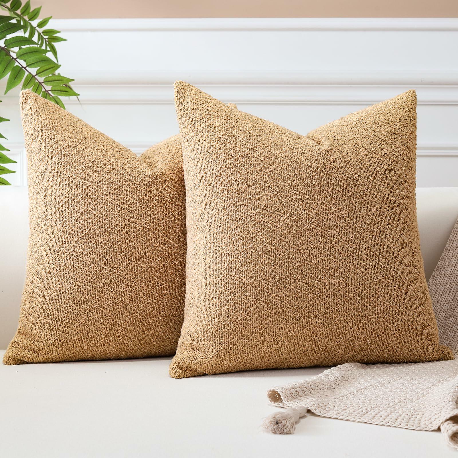 2pc Boucle Throw Pillow Covers 22x22 Light Brown Soft Textured Cushion Case