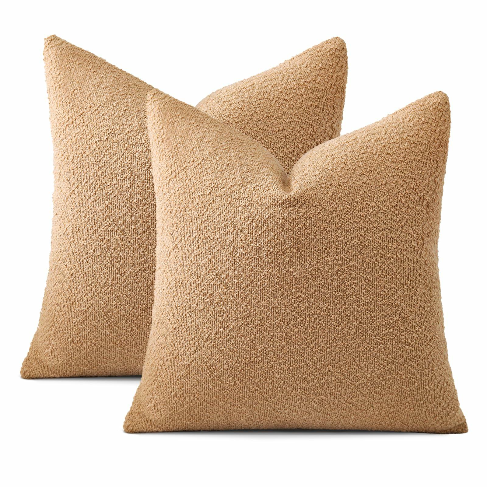 2pc Boucle Throw Pillow Covers 22x22 Light Brown Soft Textured Cushion Case