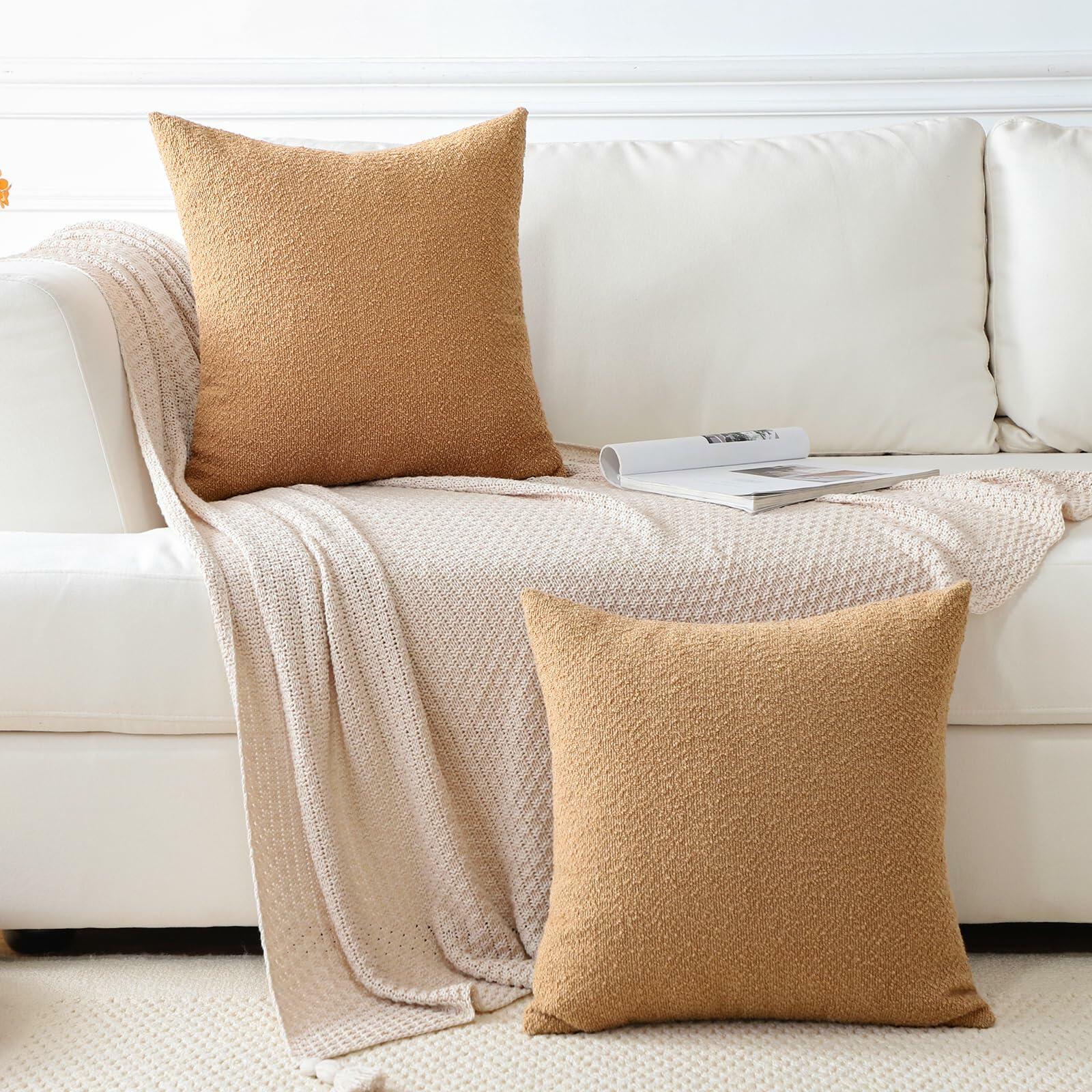 2pc Boucle Throw Pillow Covers 22x22 Light Brown Soft Textured Cushion Case