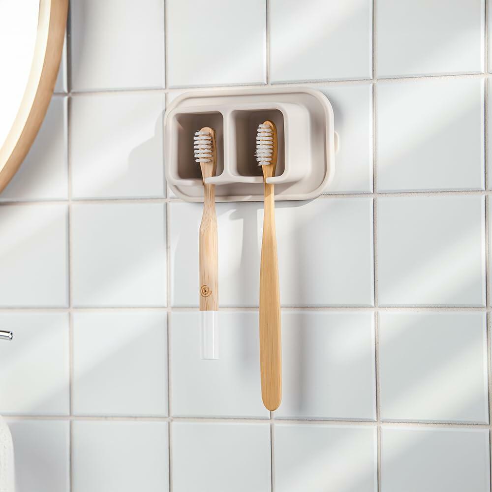 ONUCP Silicone Suction Toothbrush Holder 2-Slot Wall Mount Sand Beige