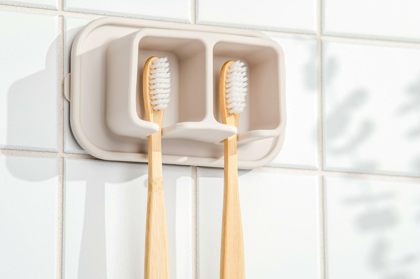 ONUCP Silicone Suction Toothbrush Holder 2-Slot Wall Mount Sand Beige