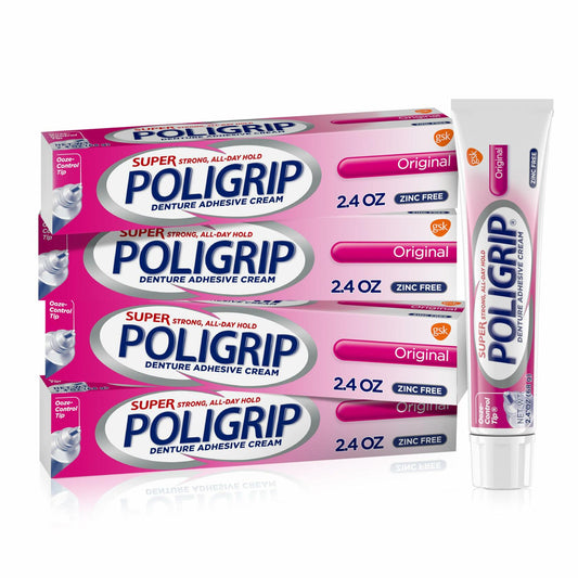 BB07/27 Super Poligrip Denture Adhesive Cream Zinc Free 2.4oz 4 Pack White