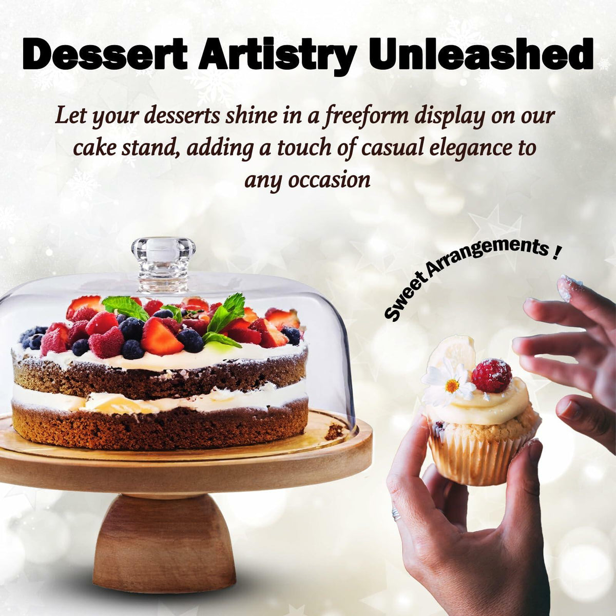 AZ-Homey Cake Stand with Acrylic Dome Lid 2-in-1 Round Acacia Wood Platter