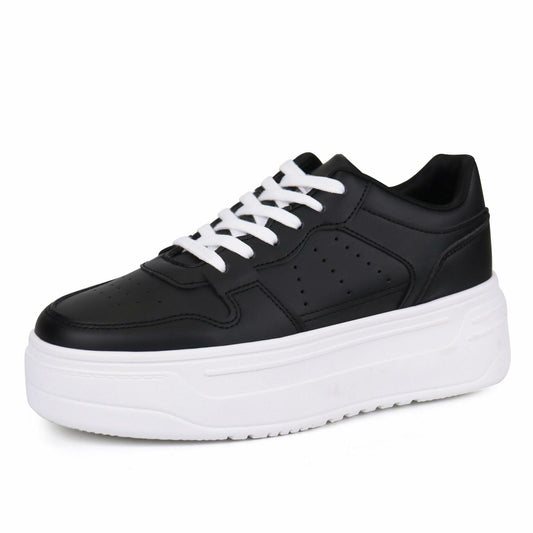 JABASIC Women Platform Sneakers Low Top Lace Up Walking Shoes Black Size 7