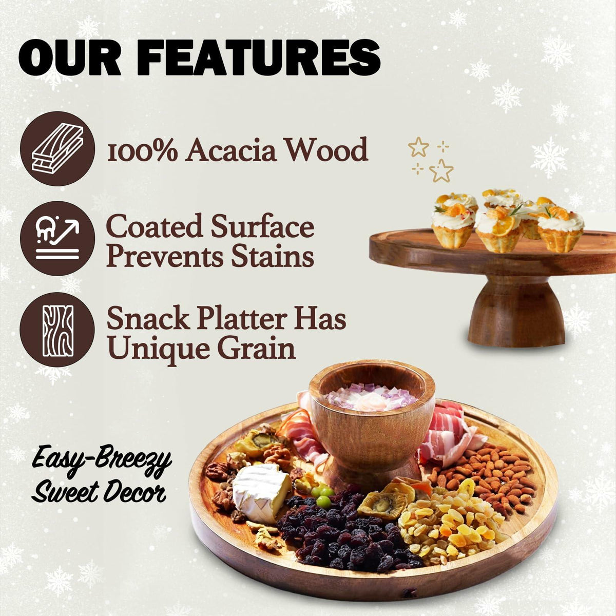 AZ-Homey Cake Stand with Acrylic Dome Lid 2-in-1 Round Acacia Wood Platter