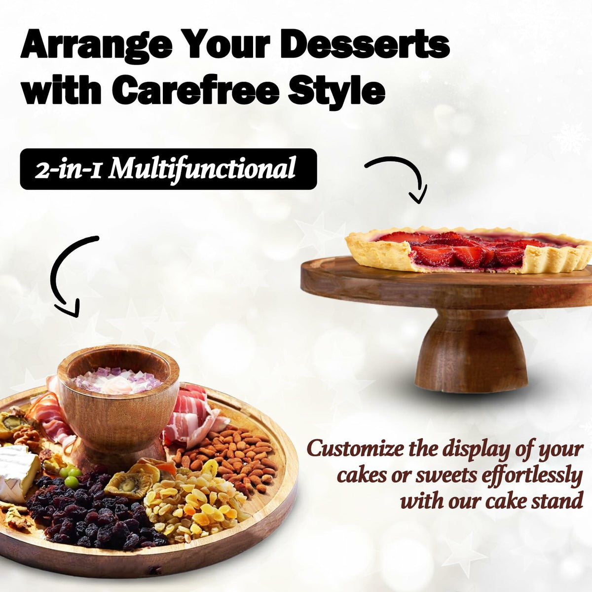 AZ-Homey Cake Stand with Acrylic Dome Lid 2-in-1 Round Acacia Wood Platter