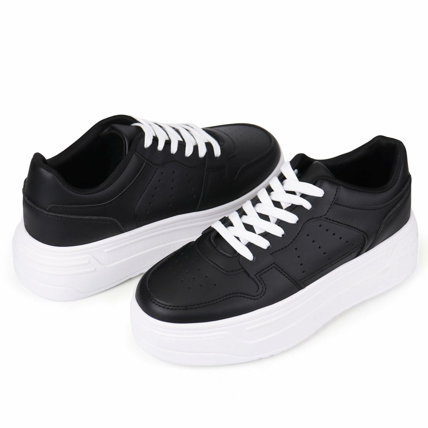 JABASIC Women Platform Sneakers Low Top Lace Up Walking Shoes Black Size 7