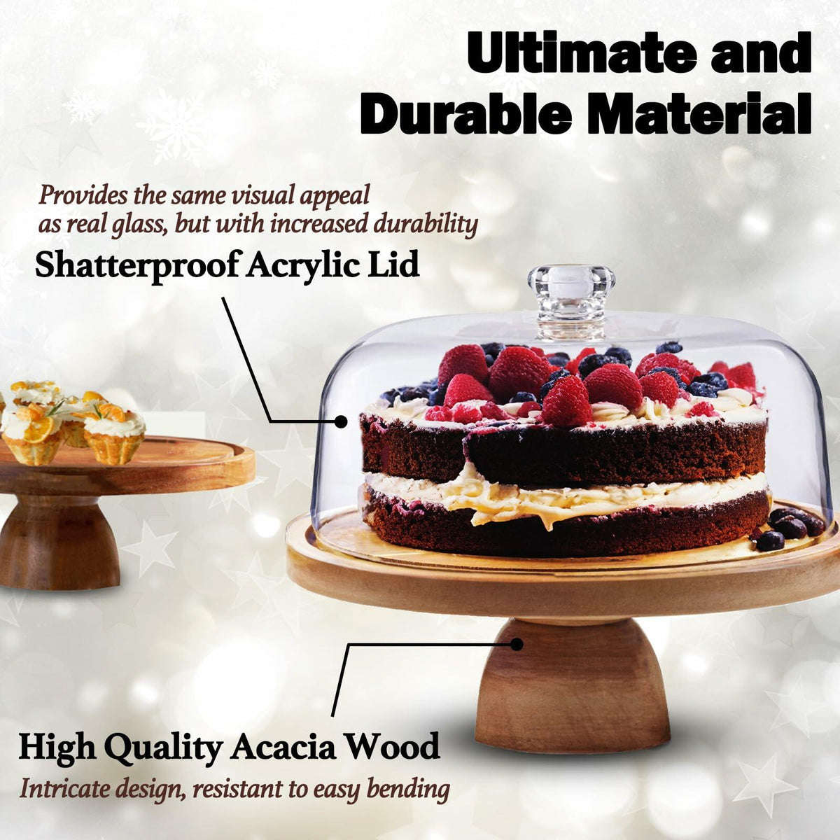 AZ-Homey Cake Stand with Acrylic Dome Lid 2-in-1 Round Acacia Wood Platter