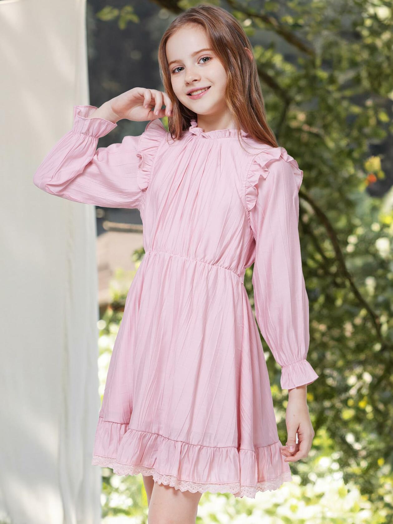 WULFUL Girls Long Sleeve Flared Belted A-line Dress Pink Size 7-8