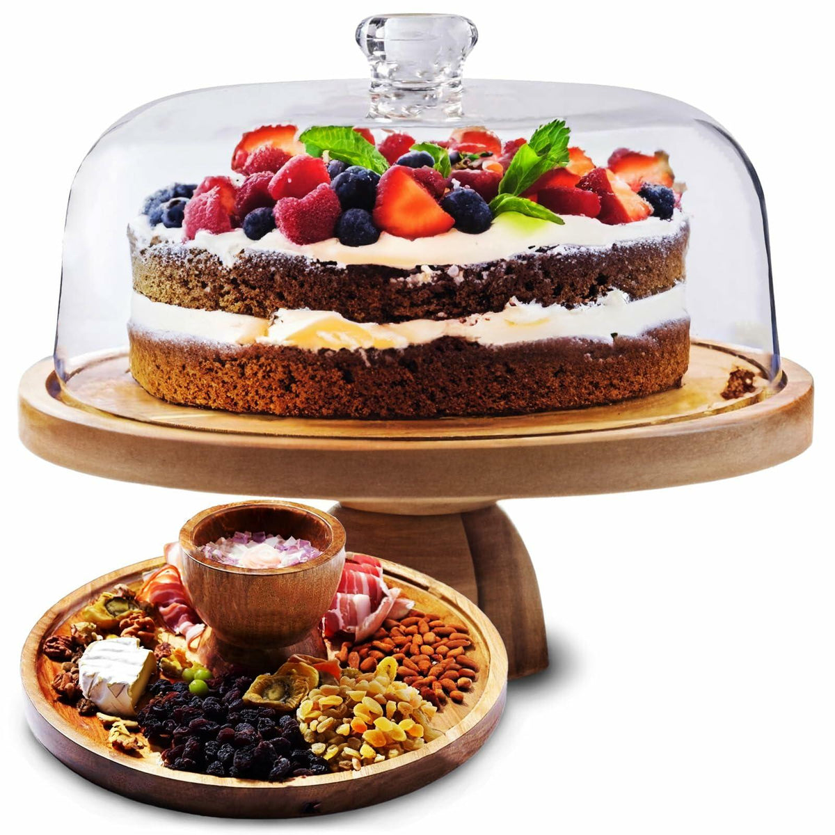 AZ-Homey Cake Stand with Acrylic Dome Lid 2-in-1 Round Acacia Wood Platter