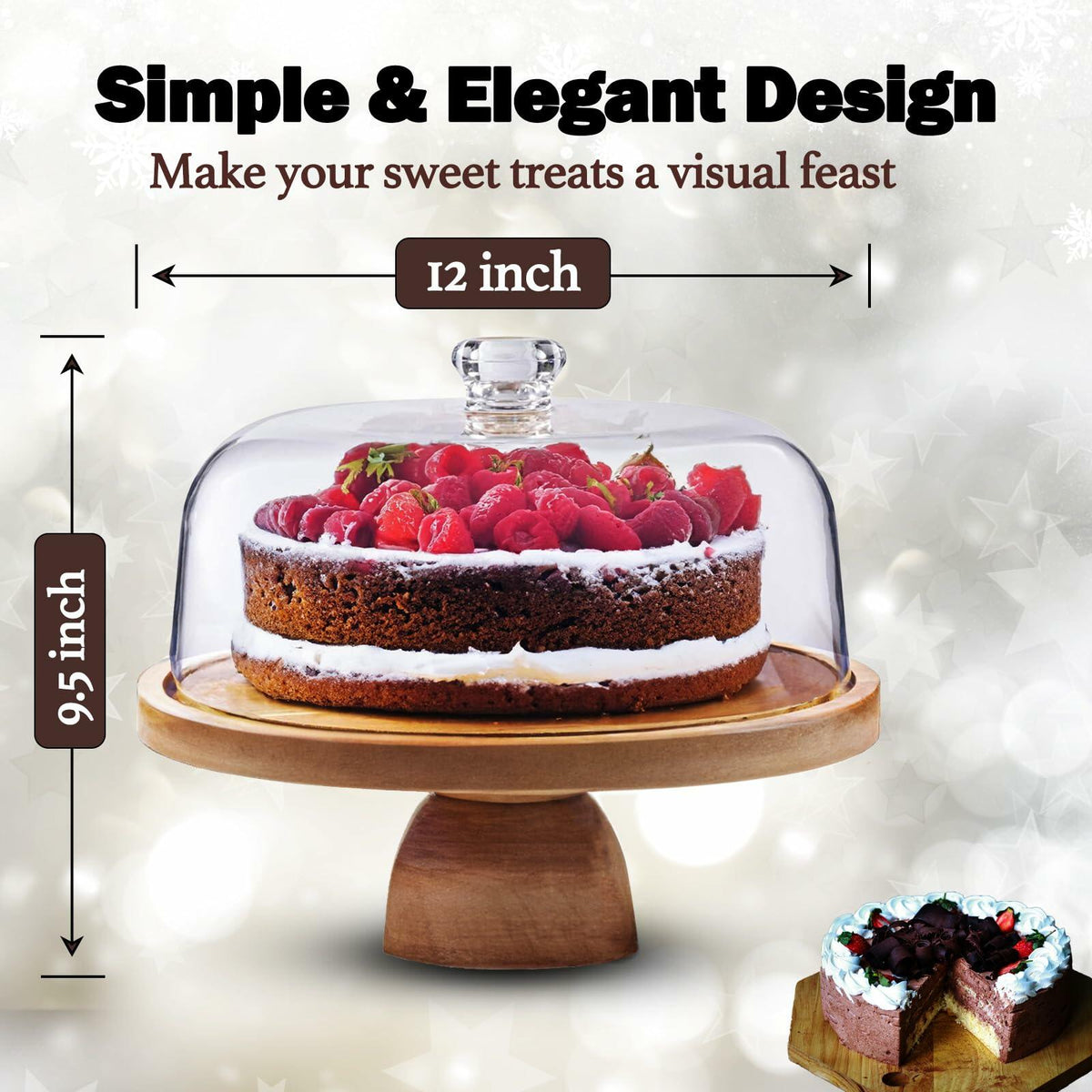 AZ-Homey Cake Stand with Acrylic Dome Lid 2-in-1 Round Acacia Wood Platter
