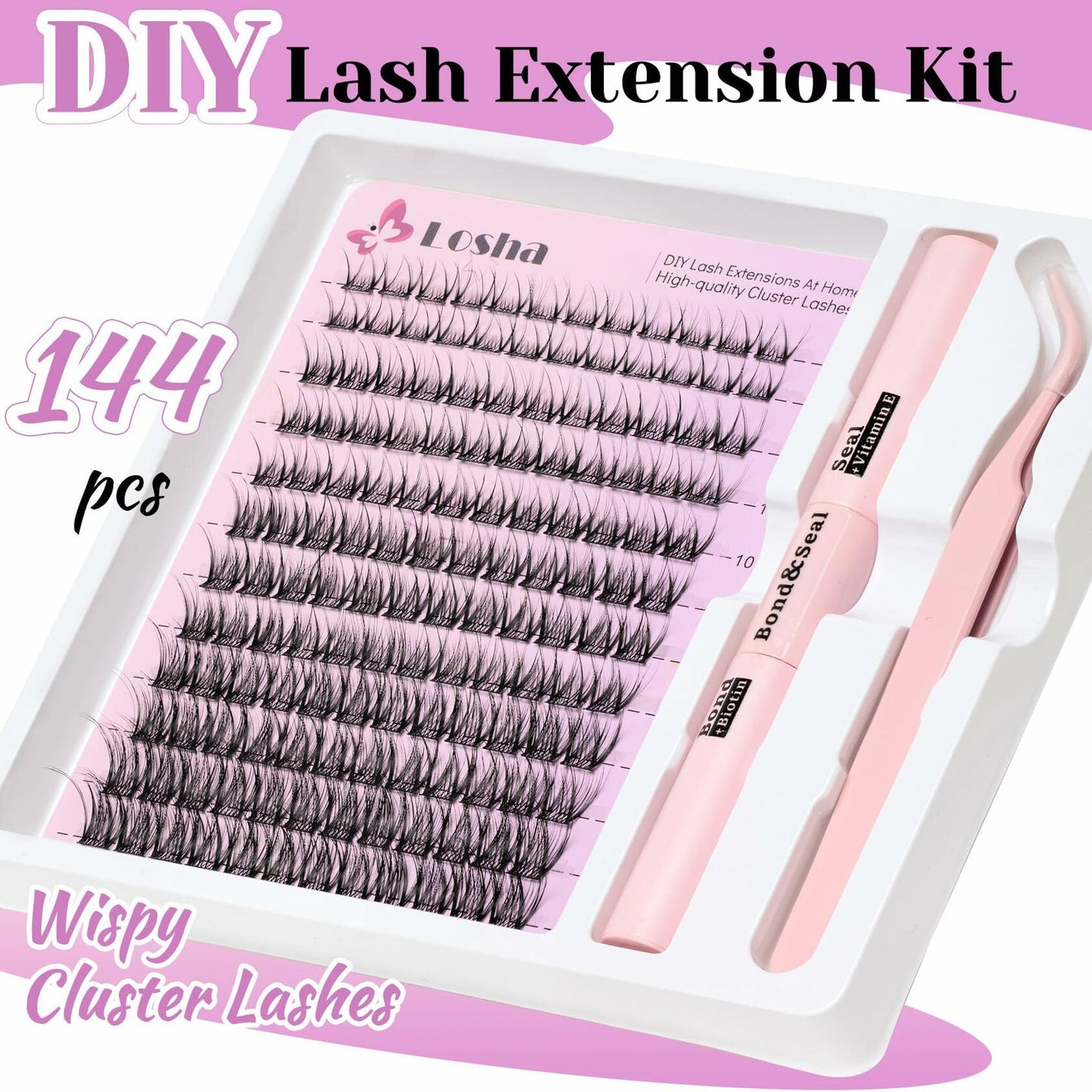 Losha Lash Extension Kit 144pcs Wispy Clusters 8-16mm C Curl Natural