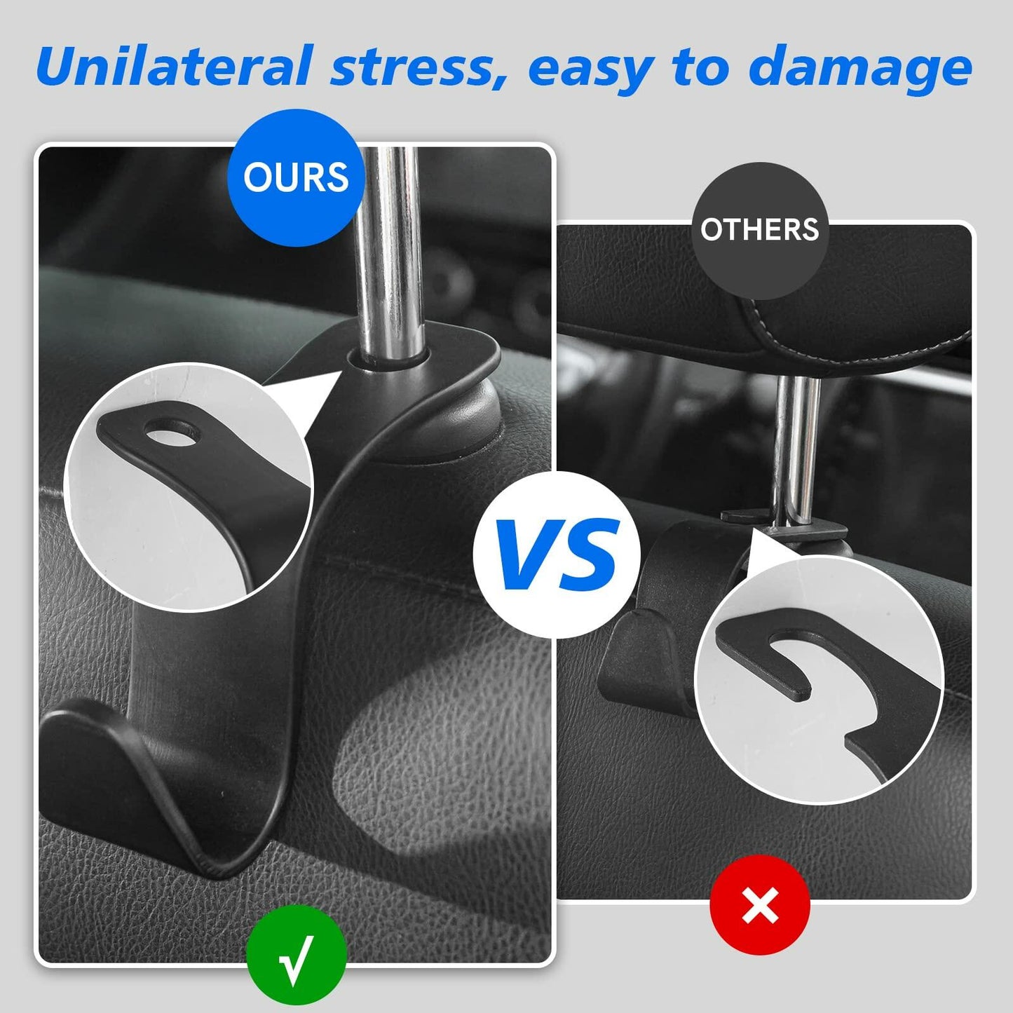 Flymic Car Seat Headrest Hooks 4 Pack Universal Black Durable Organizer