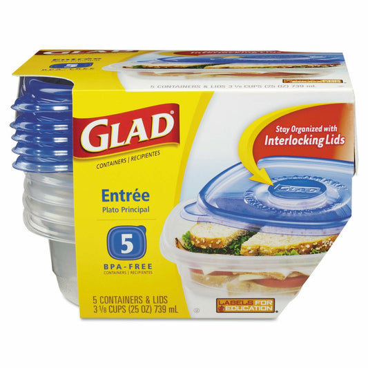 GLAD Entree Container 25oz Medium Square Food Storage 5 Pack BPA Free
