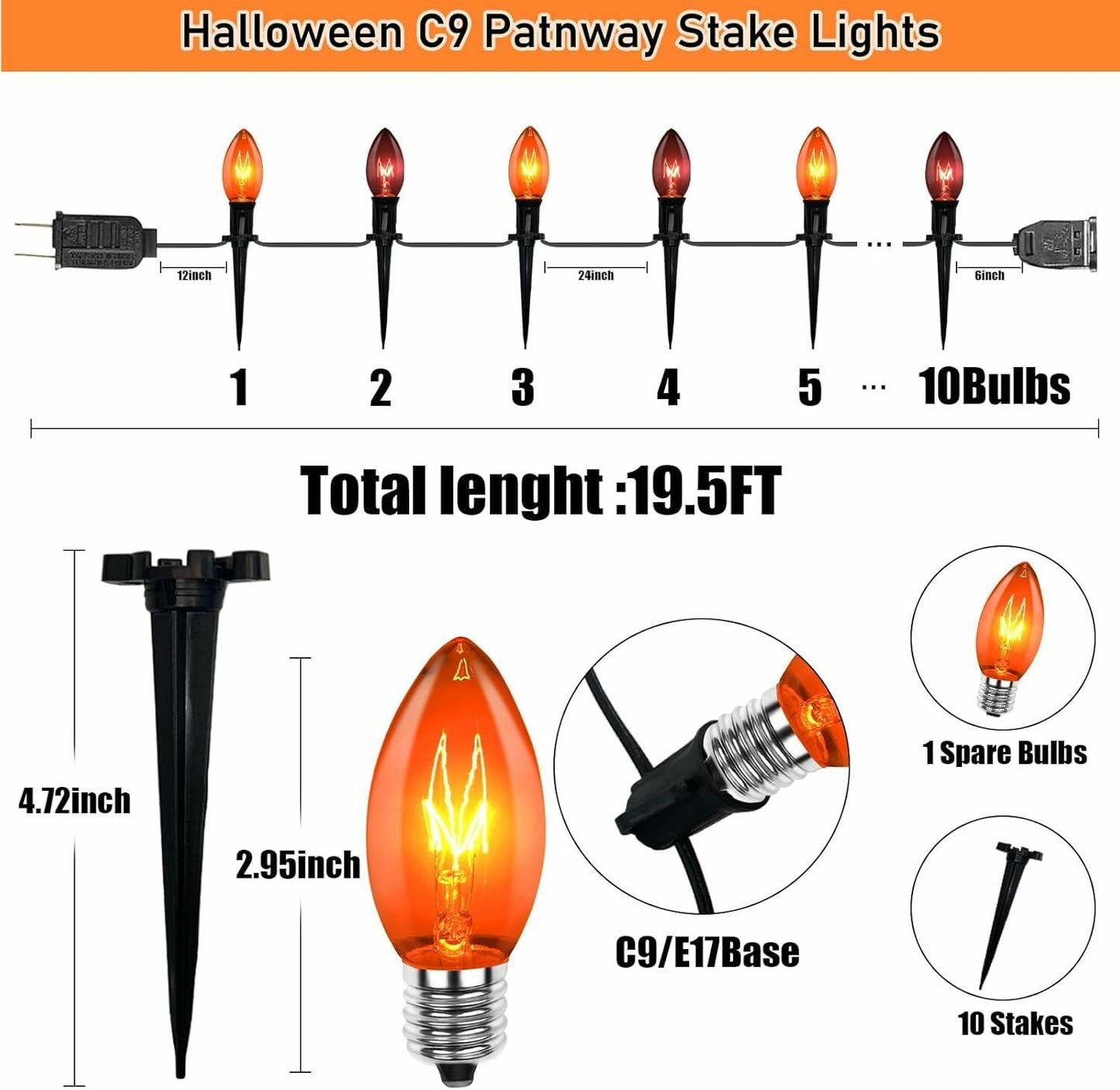 SUNSGNE C9 Halloween Pathway Stake Lights Orange Black Set of 10