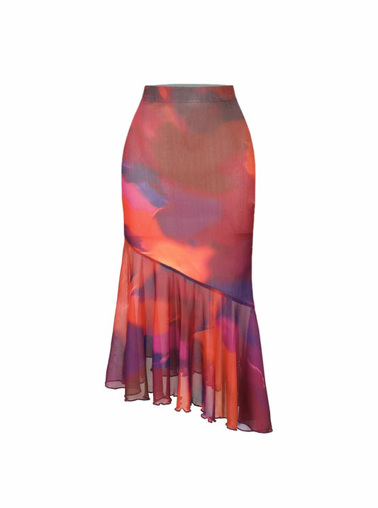 Avanova Women Tie Dye Mesh Ruffle Mermaid Midi Skirt Purple Size M