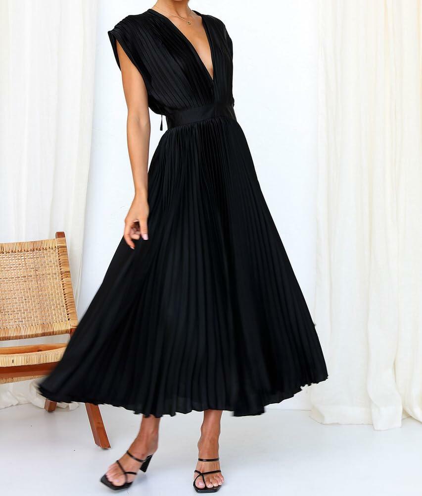 kiobrvhe Satin V Neck Pleated Midi Dress Sleeveless Black Size S