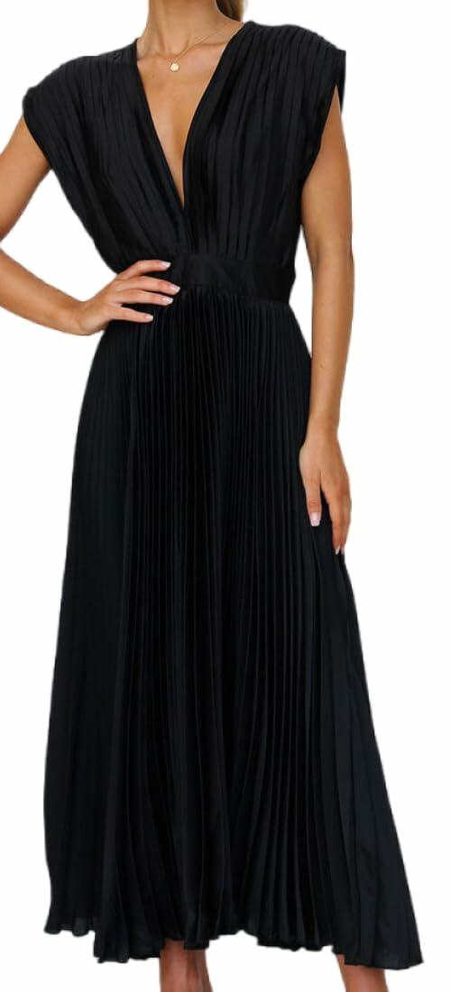 kiobrvhe Satin V Neck Pleated Midi Dress Sleeveless Black Size S