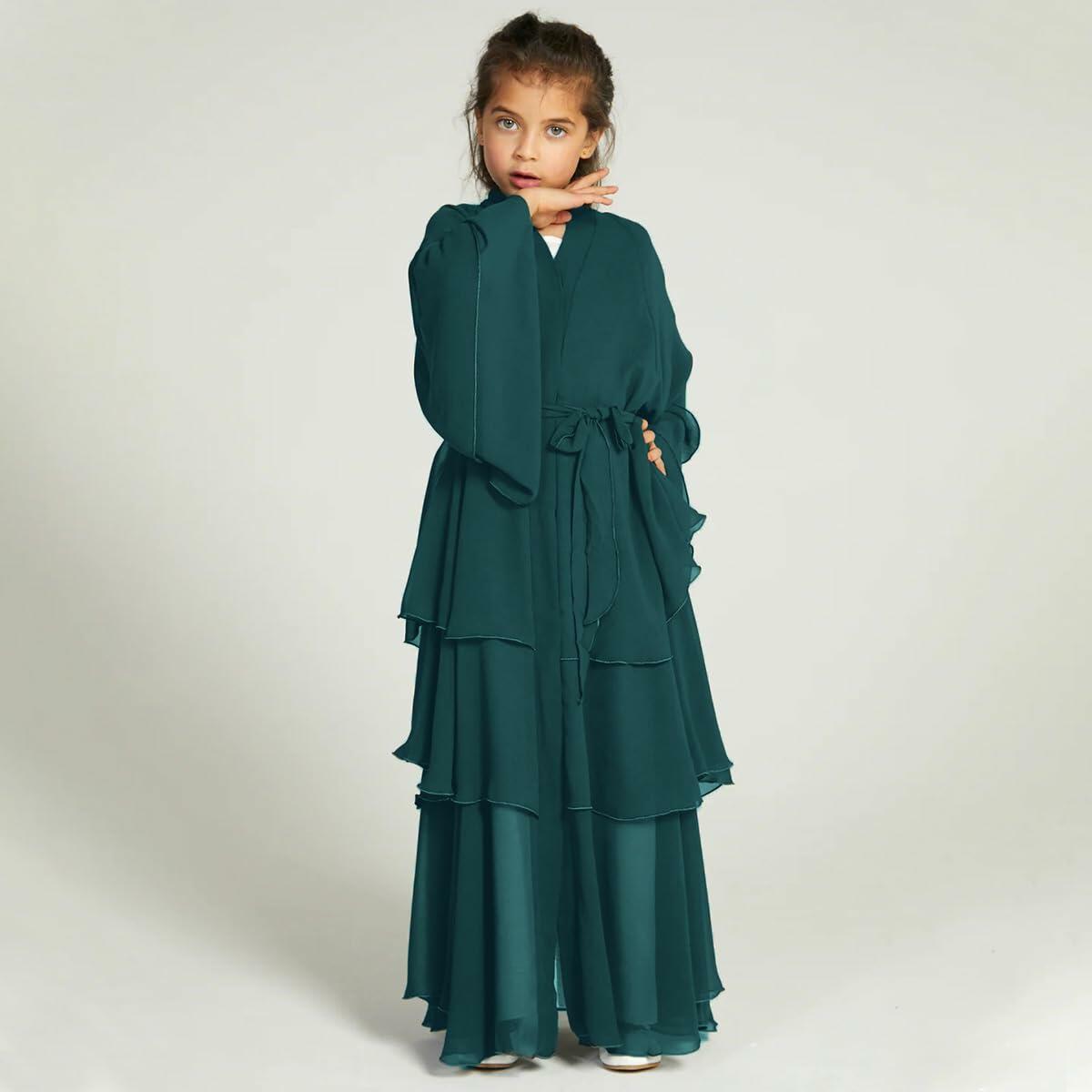 Muslim Girl Abaya Kaftan Dress Dark Green 7-8Y Long Sleeve Eid Ramadan Wear