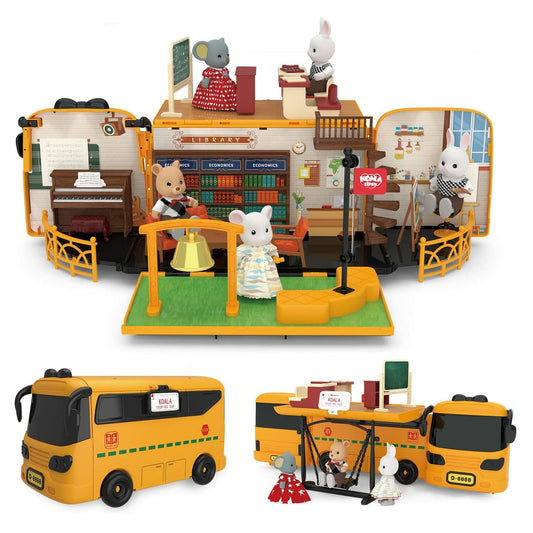 Kids Dollhouse Playset Portable School Bus with 46 Accessories Multicolor