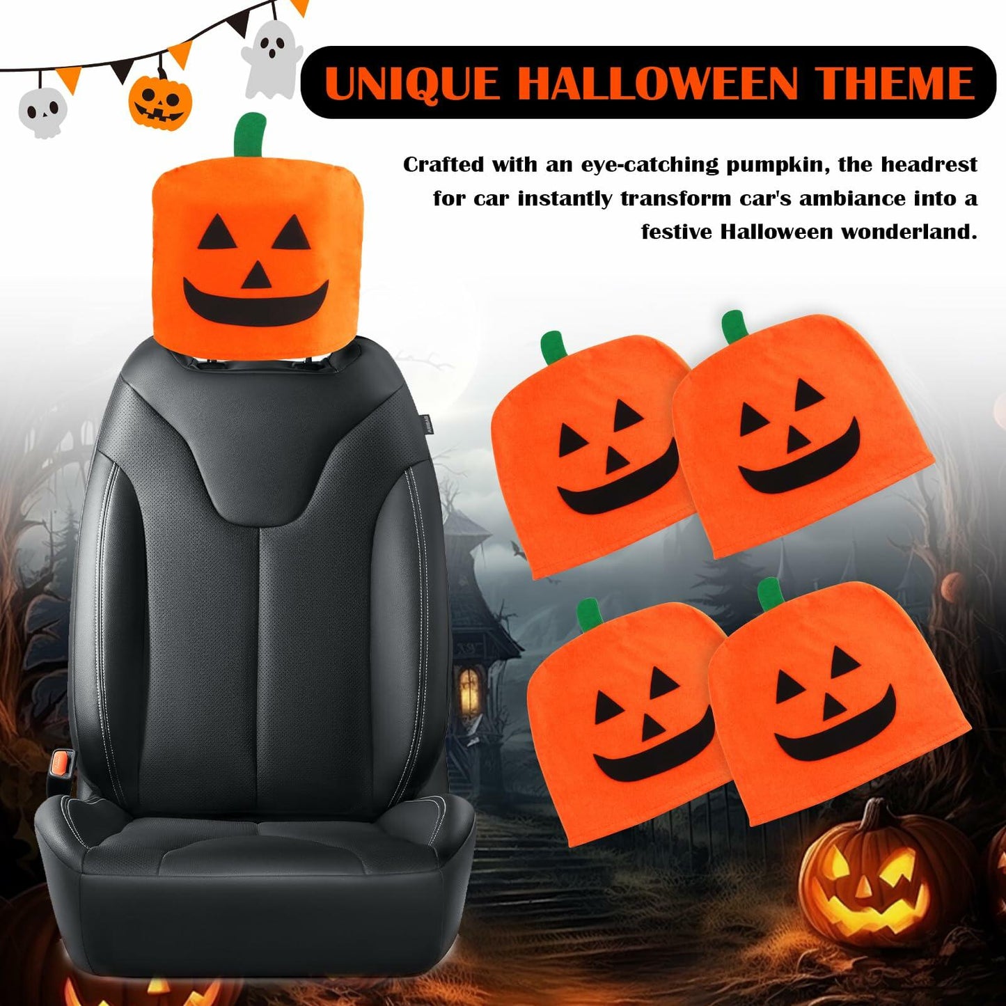 IHOTDER Halloween Pumpkin Car Headrest Covers Universal 4PCS Breathable