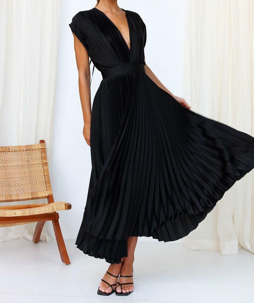 kiobrvhe Satin V Neck Pleated Midi Dress Sleeveless Black Size S