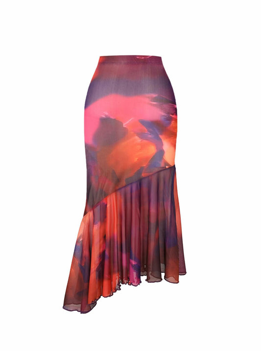 Avanova Women Tie Dye Mesh Ruffle Mermaid Midi Skirt Purple Size M